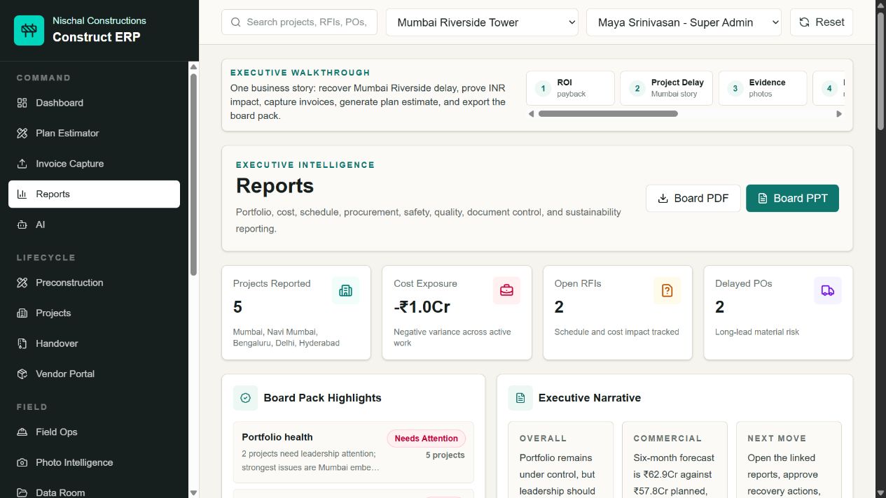 Nischal Constructions executive reporting dashboard with portfolio metrics, board-pack highlights, and export controls.
